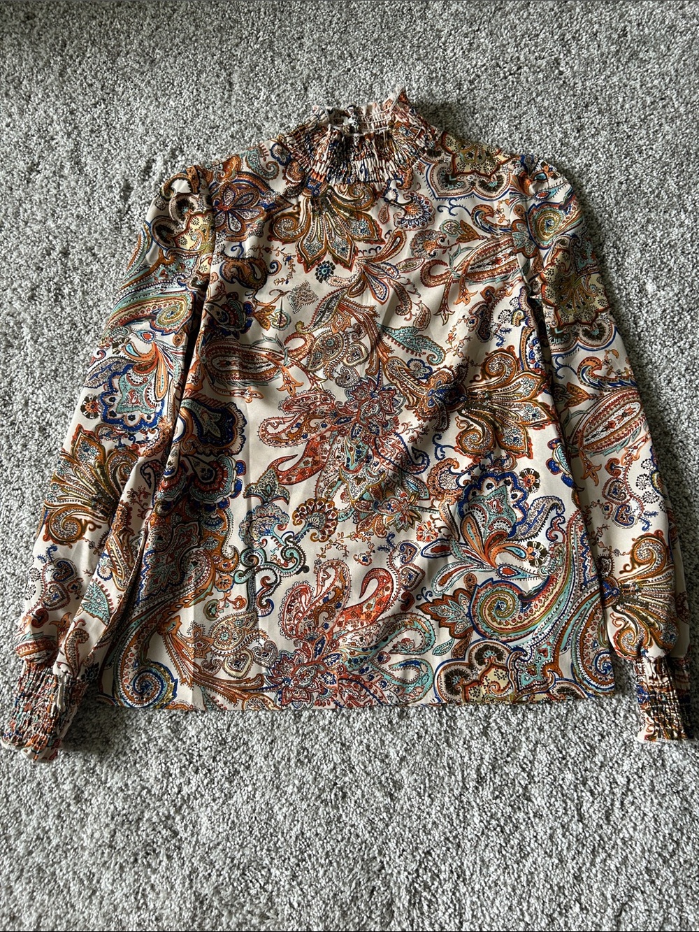 SHEIN Cream Paisley High-Neck Long-Sleeve Blouse